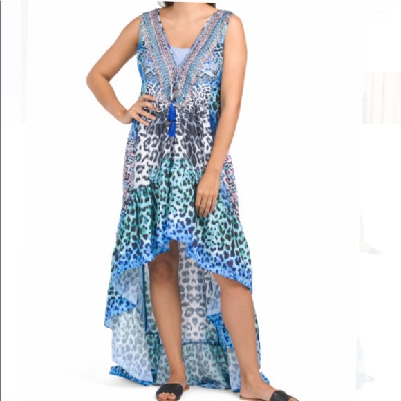 NWT La Moda‎ Hi Low Maxi Swim kaftan blue Cat Cover-Up - Picture 1 of 2